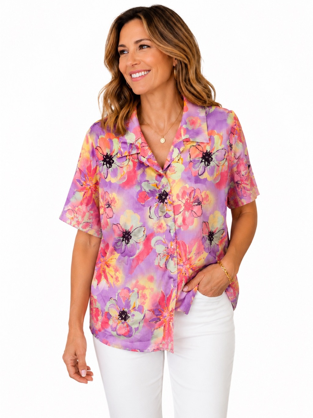 Alia Lavender Floral Button-Front Short Sleeve Shirt